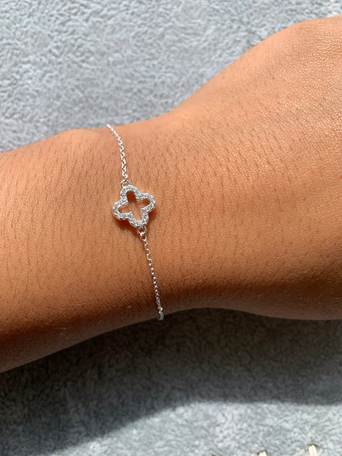 Pulseira Prata 925 Trevo Zircônia Pedra Feminina Vazada