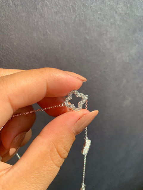 Colar Trevo Prata 925 Trevos Feminino Zircônia Gargantilha