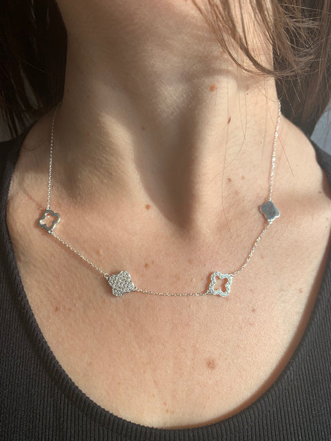 Colar Trevo Prata 925 Trevos Feminino Zircônia Gargantilha