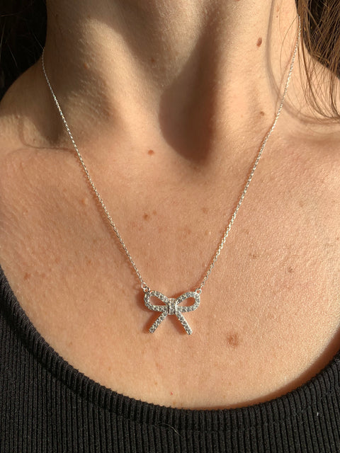 Colar Gargantilha Prata 925 Pingente Laço Pedra Zircônia