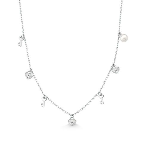 Gargantilha de Prata Choker Coração Cadeado com Pedras Zircônia